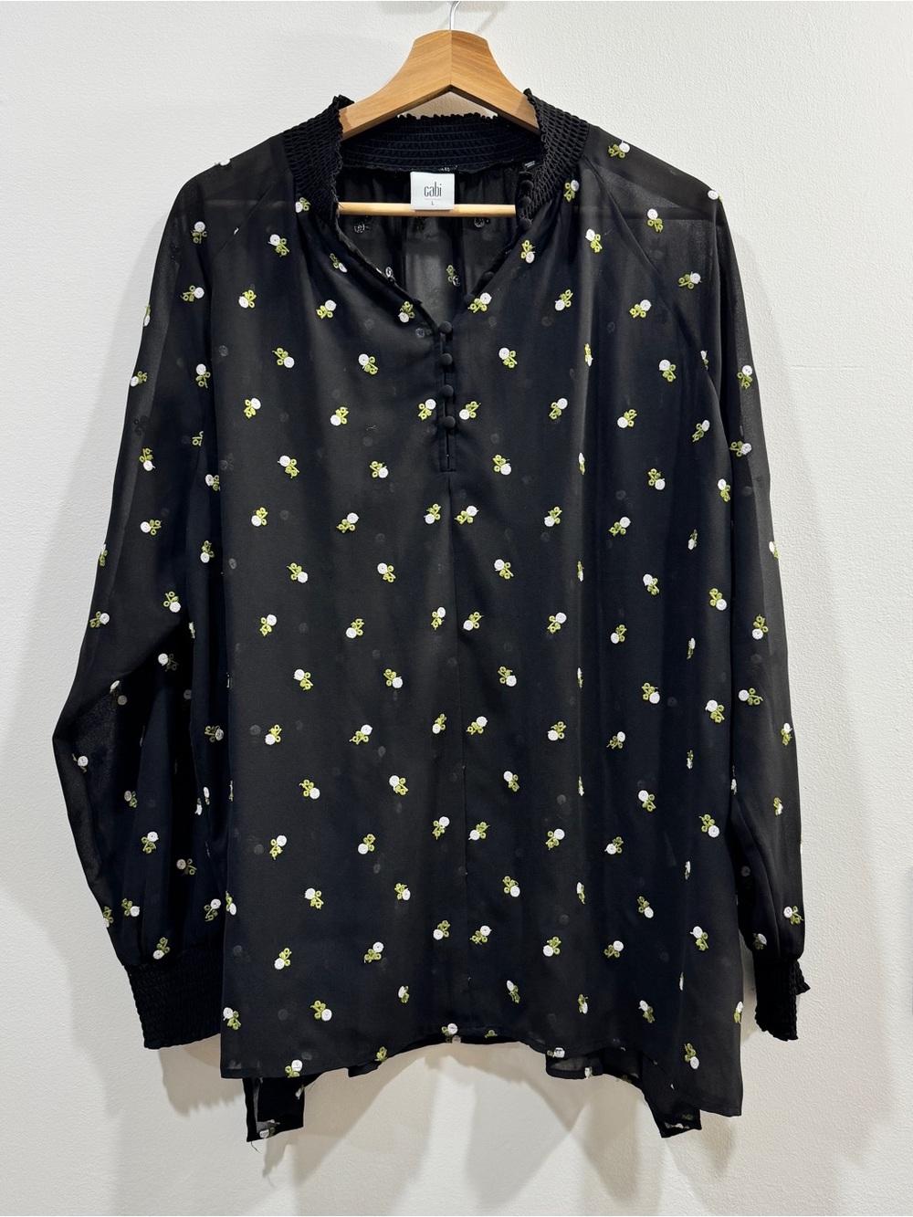 CAbi Black Floral-Print Long-Sleeve Blouse with Green and White Accents